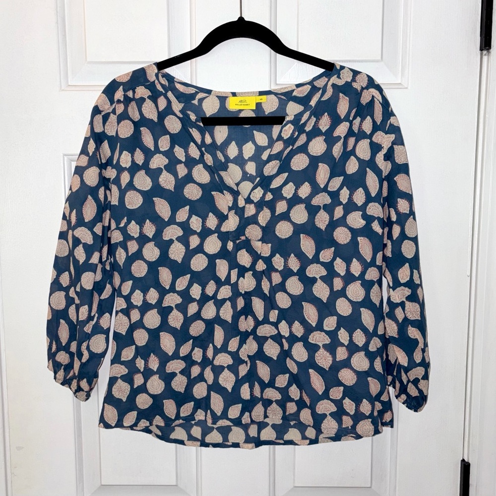 Roberta Roller Rabbit Teal Print Cotton 3/4 Sleeve Top